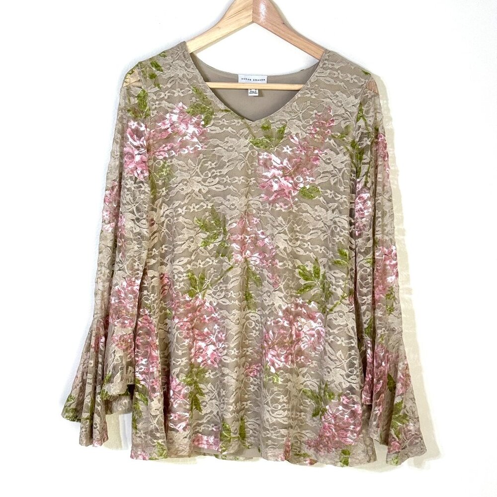 Susan Graver Floral Lace Oversized Tunic Top Stretchy Bell Sleeve Boho Feminine